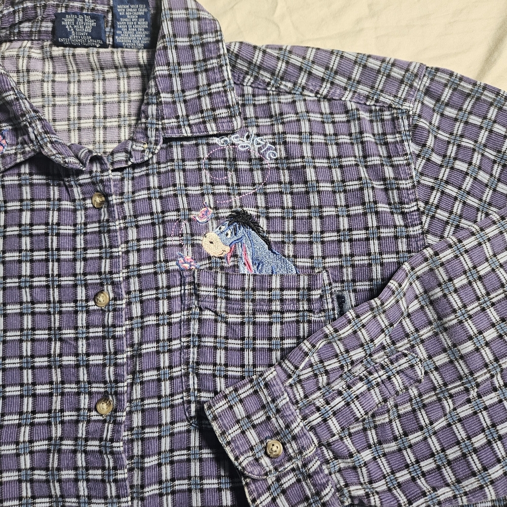 Vintage 90s Disney Winnie The Pooh Plaid Corduroy Shirt Large Eeyore Embroidered